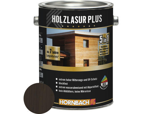Lasure pour bois HORNBACH Plus palissandre 2,5 l Pot de lasure pour bois Plus avec exemple de couleur et informations sur le produit