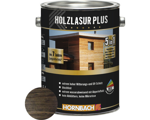 Lasure pour bois HORNBACH Plus bois d’ébène 2,5 l Boîte de lasure pour bois Plus pour l''extérieur
