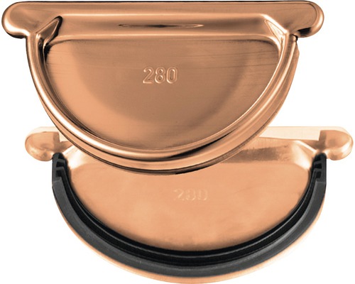 Embout de gouttière Zambelli en cuivre pour taille de gouttière 333 mm Deux extrémités de gouttière demi-rondes en métal avec le marquage 280.