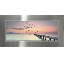 Magnetbild mit einem Motiv von einem See, einem Steg und einer Vogelschar