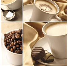 Collage mit Tassen Kaffee, Kaffeebohnen und Pralinen