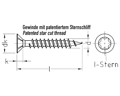 Schéma technique d''une vis avec coupe en étoile brevetée