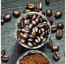Grains de café et café moulu dans des bols en verre
