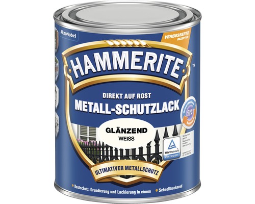 Laque de protection pour métaux HAMMERITE blanc brillant 2.5 L Peinture de protection pour métaux Hammerite, application directe sur la rouille, brillante