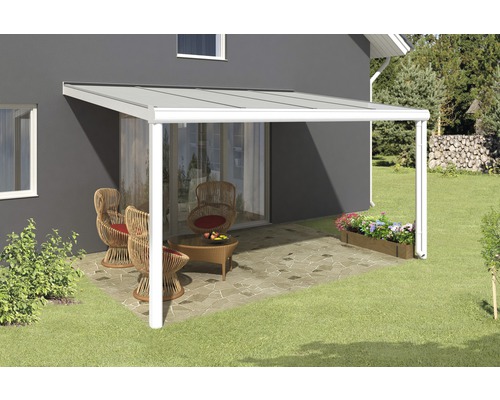 Toiture pour terrasse SKAN HOLZ Genua 434x257 cm blanc Pergola de terrasse avec mobilier de jardin sur une terrasse