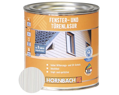Lasure pour portes et fenêtres HORNBACH blanc 375 ml Pot de lasure pour fenêtres et portes avec échantillon de couleur