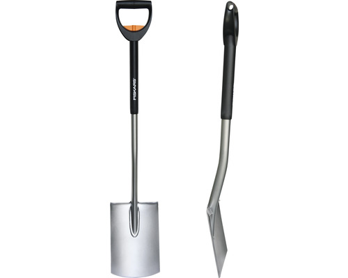 Spaten mit D-Griff und Fiskars Logo in zwei Ansichten