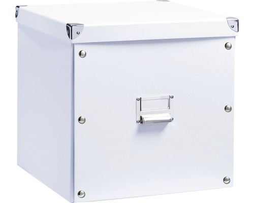 Boîte de rangement blanche avec couvercle, porte-étiquette et renforts d''angle.