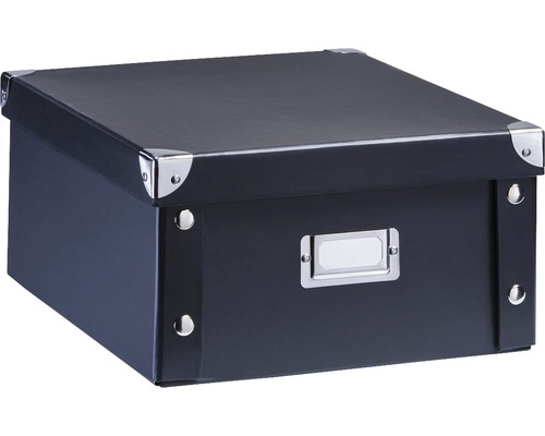 Schwarze Aufbewahrungsbox mit Deckel und Beschriftungsfeld