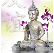 Figurine décorative de Bouddha avec fleur d''orchidée et caractères japonais