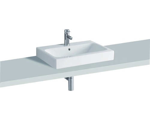 Vasque à poser avec robinet, montée sur un plan de toilette.