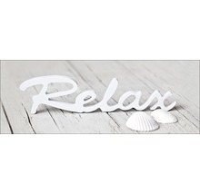 Dekorationsobjekt Relax Schriftzug und Muscheln auf Holz