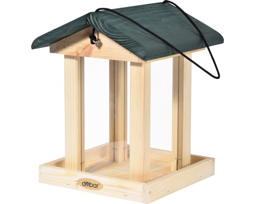 Abri-mangeoire pour oiseaux avec silo de nourriture 22 x 25 x 28 cm Mangeoire à oiseaux en bois avec toit et cordon de suspension