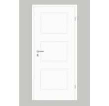 Porte intérieure blanche avec trois panneaux rectangulaires et poignée de porte