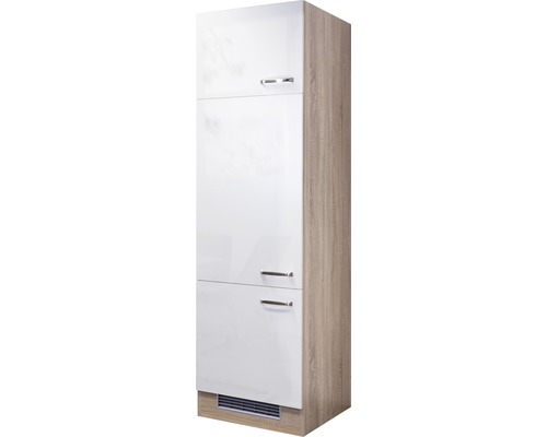 Meuble pour réfrigérateur encastrable 88 Flex Well Valero 60 x 57 x 200 cm façade blanc à haute brillance corps chêne sonoma butée réversible