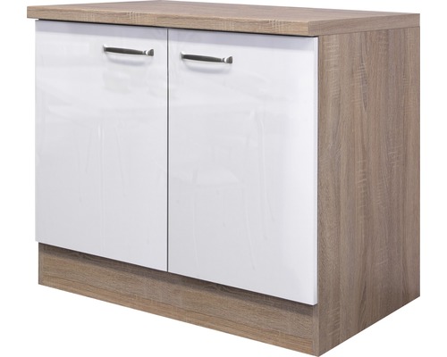 Meuble bas avec porte pivotante Flex Well Valero 100 x 60 x 86 cm façade blanc à haute brillance corps chêne sonoma butée gauche droite