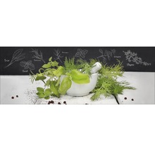 Nature morte avec des herbes et un mortier devant un tableau avec des dessins d''herbes