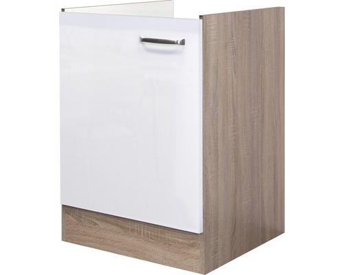 Meuble sous-évier Flex Well Valero 50 x 57 x 82 cm façade blanc à haute brillance corps chêne sonoma butée réversible