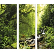 Motif de forêt en trois parties avec des arbres, des rochers et une cascade