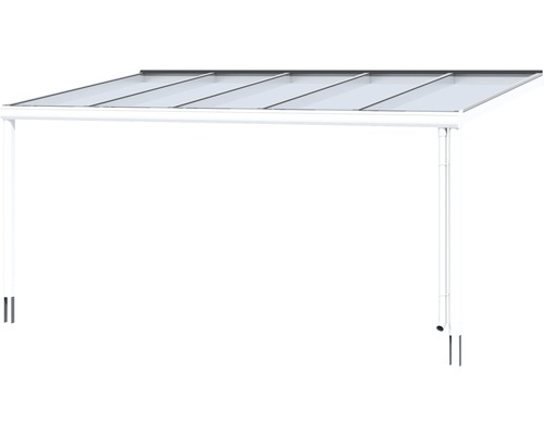 Toit de terrasse autoportant avec panneaux transparents et poteaux blancs