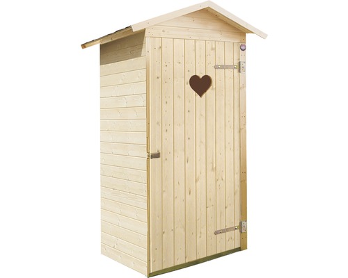 Toilettes en bois avec fenêtre en forme de cœur dans la porte