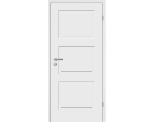 Porte intérieure blanche avec trois panneaux rectangulaires et poignée de porte
