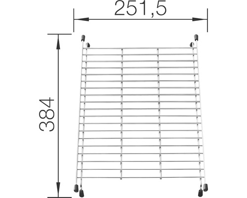 Technische Zeichnung eines Abtropfgestells mit den Maßen 251,5 mal 384 Millimeter.
