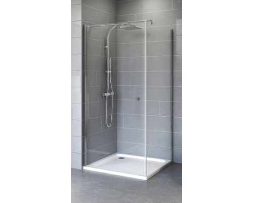 Porte pivotante Schulte Flexa 75 cm verre transparent profilé chrome Cabine de douche avec receveur et robinetterie dans une salle de bains