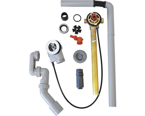 Garniture de vidange de baignoire avec différents raccords et accessoires.