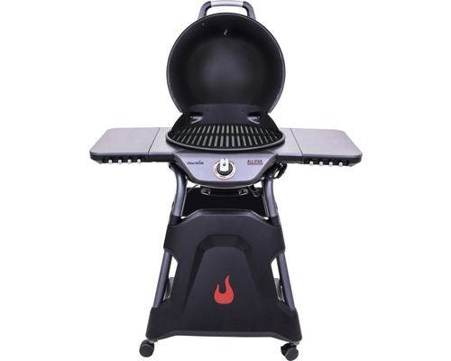 Barbecue à gaz avec couvercle ouvert et surfaces de rangement.