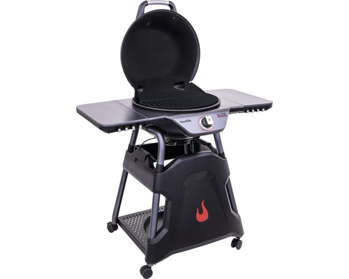 Grill à gaz Char-Broil avec couvercle ouvert et tablettes latérales