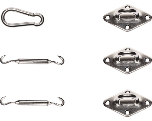 Matériel de fixation pour voile d''ombrage composé d''un mousqueton, d''un tendeur et d''une plaque murale