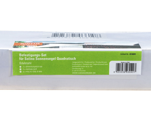 Kit de fixation pour voile d''ombrage Solino carré en acier inoxydable, comprenant tendeurs, mousquetons et œillets de fixation