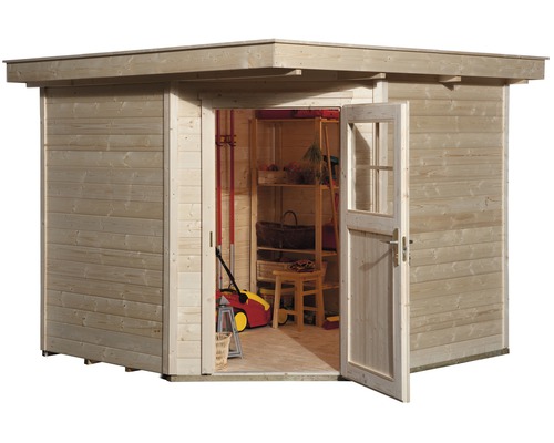 Abri de jardin en bois avec porte ouverte et outils de jardin à l''intérieur