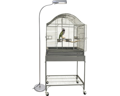 Vogelkäfig mit Ständer, Lampe und Sittich