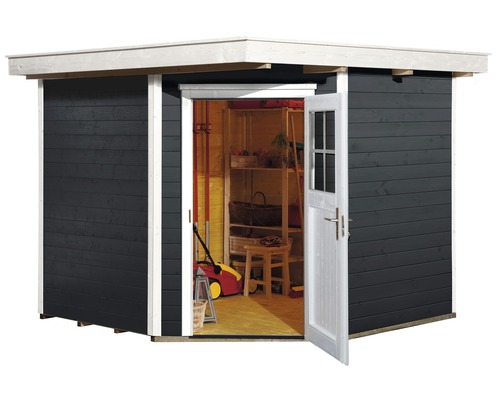 Abri de jardin avec porte ouverte et outils de jardin