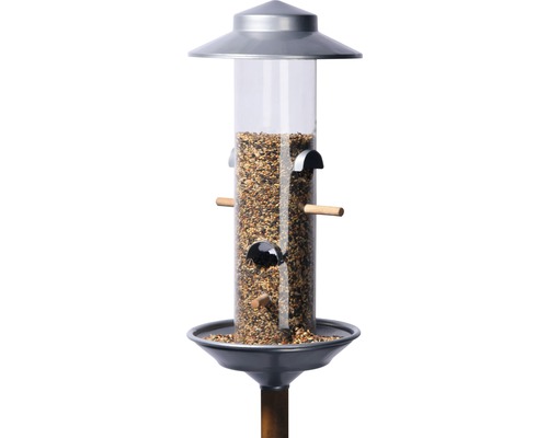 Vogelfutterspender aus Kunststoff mit Metallelementen und Futter