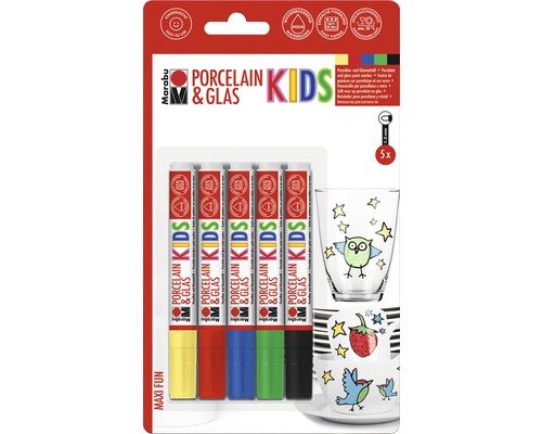 Marabu Set de marqueurs de porcelaine et de verre pour enfants avec cinq marqueurs de différentes couleurs