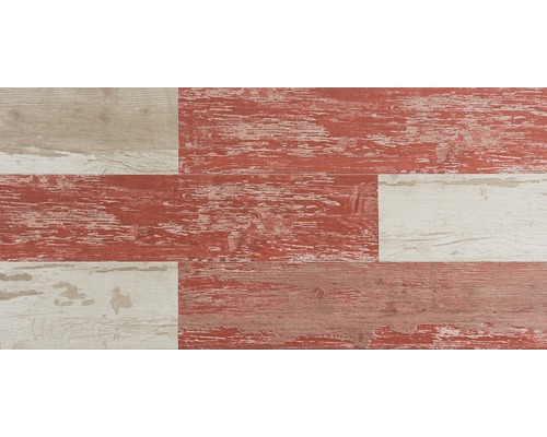 Kunststoffpaneel Element Compact Cabane rot 1200 x 154 x 6 mm Fliesen mit Holzoptik in roter und beiger Farbe