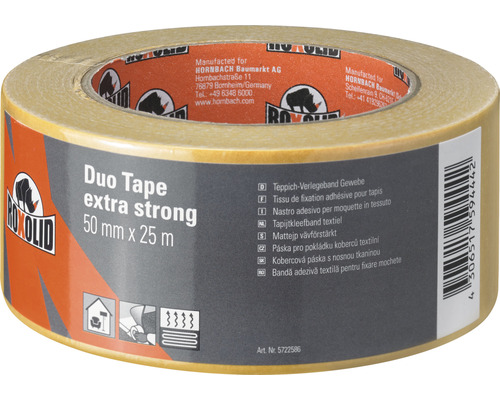 Duo Tape extra strong ROXOLID ruban adhésif double face bande de tissu pour tapis marron 50 mm x 25 m