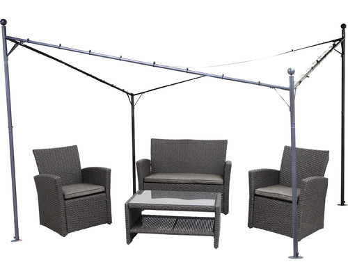 Salon de jardin avec pavillon comprenant un canapé, deux fauteuils et une table