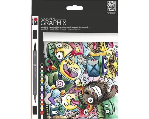 Marabu Aqua Pen Graphix Aquarellstifte Mega Mash 12er-Set Marabu Aqua Pen Graphix Set mit verschiedenen Stiften und einer Illustration