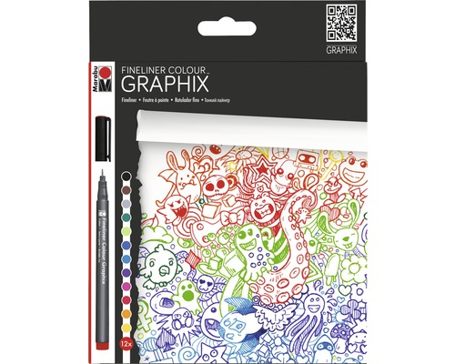 Feutre fin Marabu Colour Doodle Supreme lot de 12 Marabu Fineliner Colour Graphix, set de stylos avec douze stylos et motifs