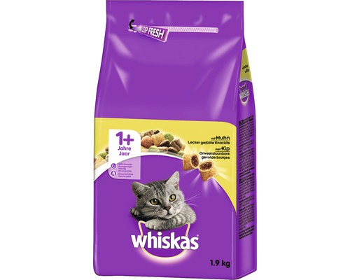 Croquettes pour chats Whiskas 1+ au poulet 1.9 kg Aliments secs Whiskas pour chats à partir d''un an, paquet de 1,9 kilogramme