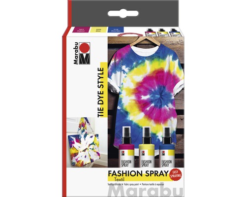Kit de sprays textiles Marabu Tie Dye Style avec t-shirt et sac comme exemples de design