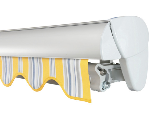 Store de soleil avec tissu rayé jaune et gris