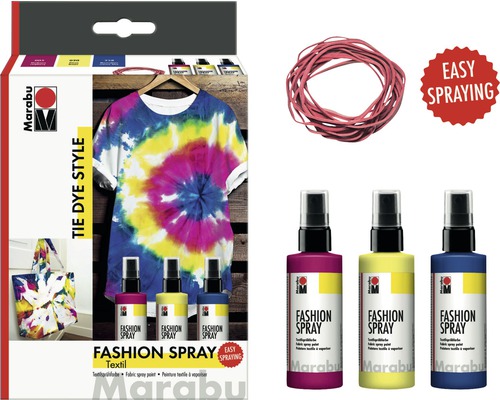 Marabu Fashion Spray Tie Dye Style 100 ml lot de 3 Kit de peinture textile Marabu pour teinture par nouage avec élastiques et trois sprays textiles