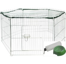 Enclos hexagonal avec filet en nylon, bouteille et gamelle 112x98x56 cm argent