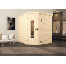 Massivholzsauna Weka Turku Eck Gr.2 inkl. 7,5 kW Bio Ofen mit digitaler Steuerung und Holztüre mit Isolierglas wärmegedämmt