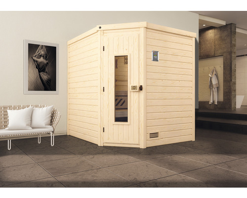 Sauna en bois massif Weka Turku Eck taille 2 avec poêle 7,5 kW et commande numérique et porte en bois avec verre isolant thermiquement